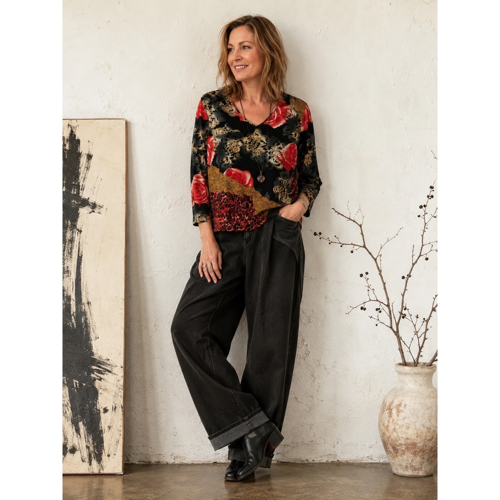 LR Women's Boho Artsy‎ Knit Top L Silk Black Red Floral Baroque Y2K Long Sleeve